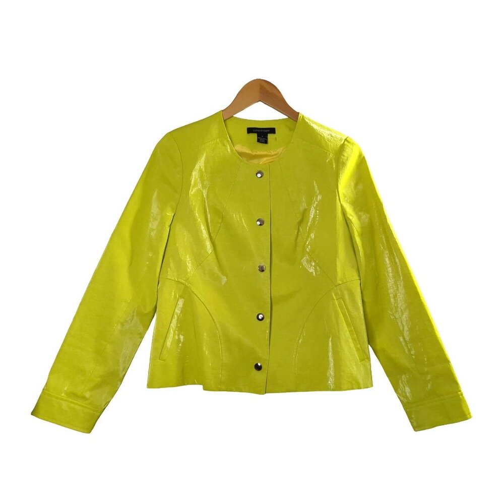 Vintage Lundstrom Jacket Womens 8 Waxed Linen Yellow Pockets Snap Front Y2K